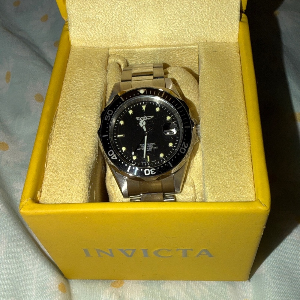 Invicta Silver-Tone Watch with Black Dial and Black Bezel